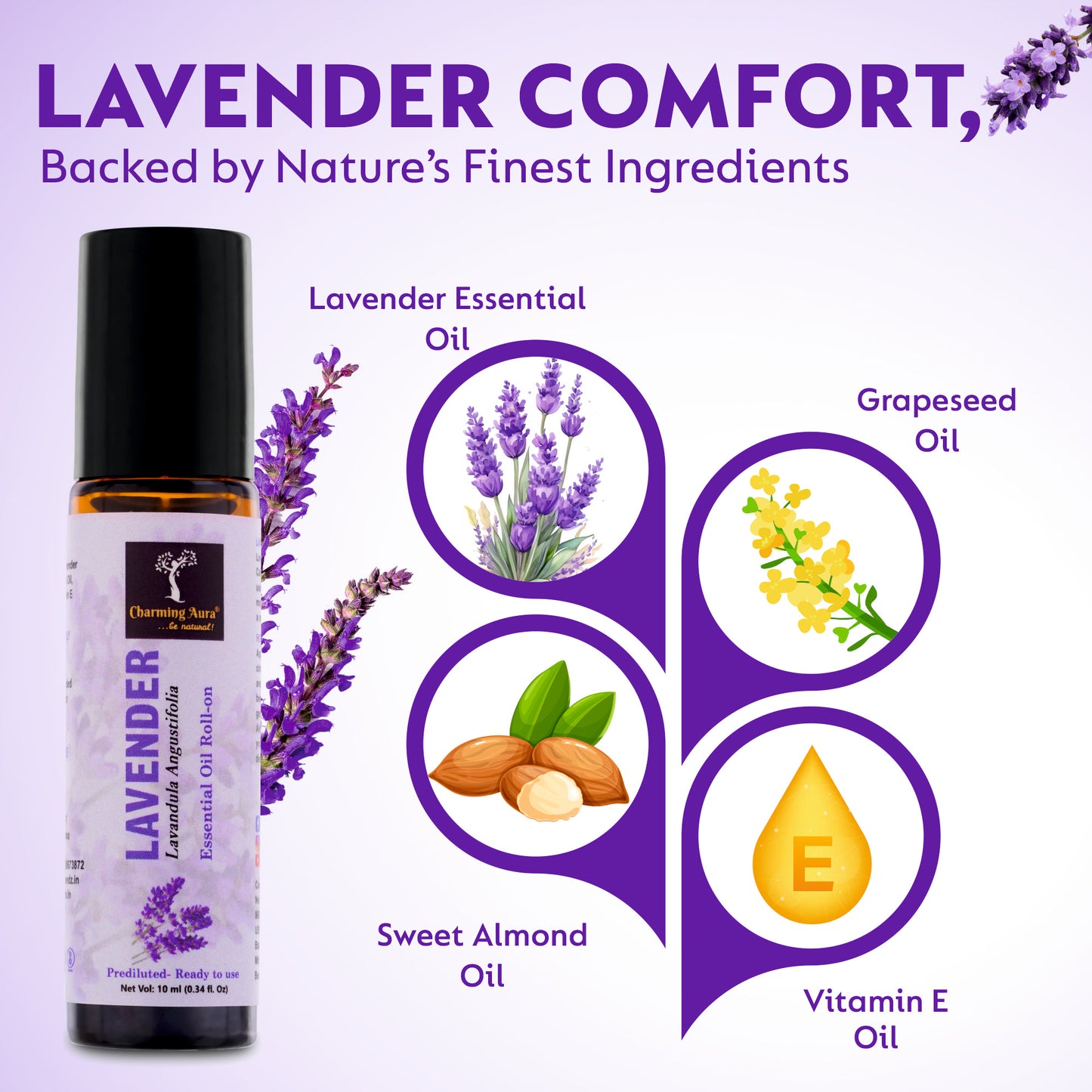 Huile essentielle de lavande | Roll-on | Prédiluée, prête à l'emploi | Soin de la peau | Combat les émotions négatives | Soulage le stress | Sommeil profond | 10 ml |