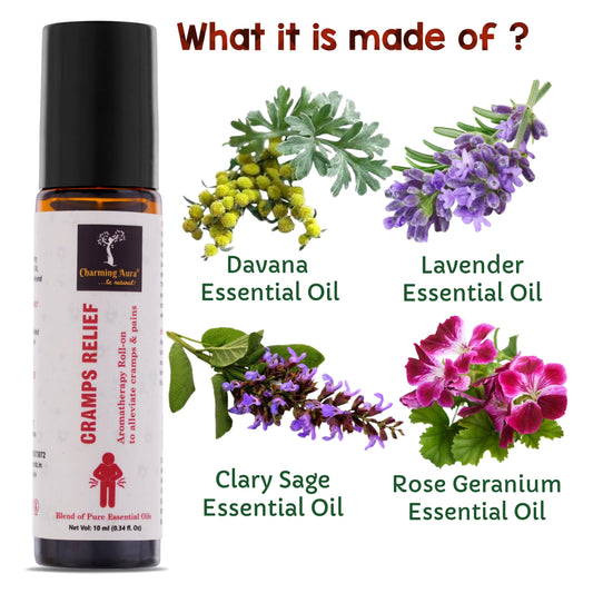 Cramps Relief Aromatherapy Roll-on for women | Blend of Pure & Natural Essential Oils | for Menstrual pain & Cramps relief | Eleviate Mood Swings | with richness of Clary Sage & Davana Oil - 10ml