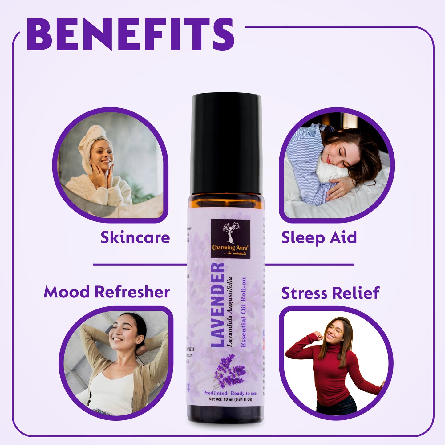 Huile essentielle de lavande | Roll-on | Prédiluée, prête à l'emploi | Soin de la peau | Combat les émotions négatives | Soulage le stress | Sommeil profond | 10 ml |