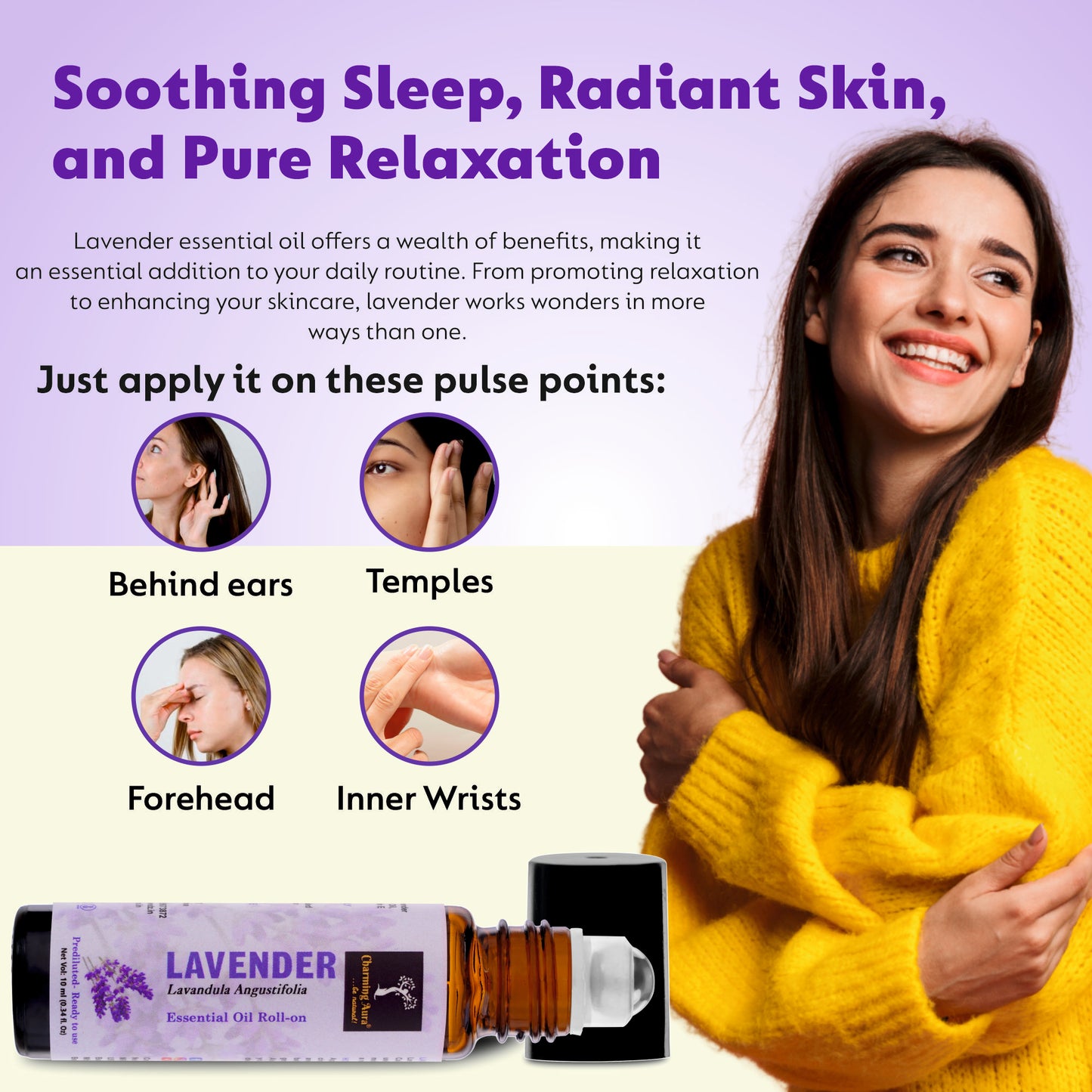 Huile essentielle de lavande | Roll-on | Prédiluée, prête à l'emploi | Soin de la peau | Combat les émotions négatives | Soulage le stress | Sommeil profond | 10 ml |