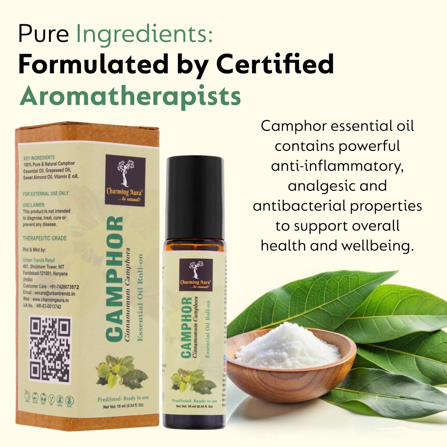 Huile essentielle de camphre | Roll-on | Prédiluée, prête à l'emploi | Pure et naturelle, de qualité thérapeutique | Soulagement de la douleur | Soulage le rhume et la grippe | Yoga | Rituels de puja | 10 ml |
