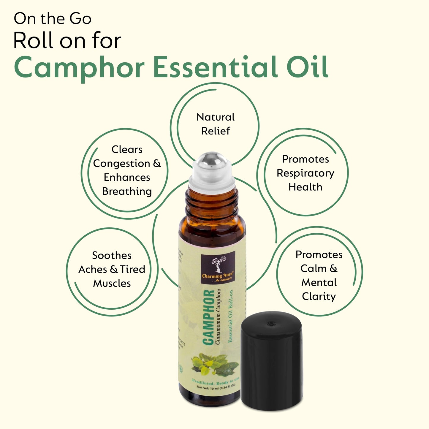Huile essentielle de camphre | Roll-on | Prédiluée, prête à l'emploi | Pure et naturelle, de qualité thérapeutique | Soulagement de la douleur | Soulage le rhume et la grippe | Yoga | Rituels de puja | 10 ml |