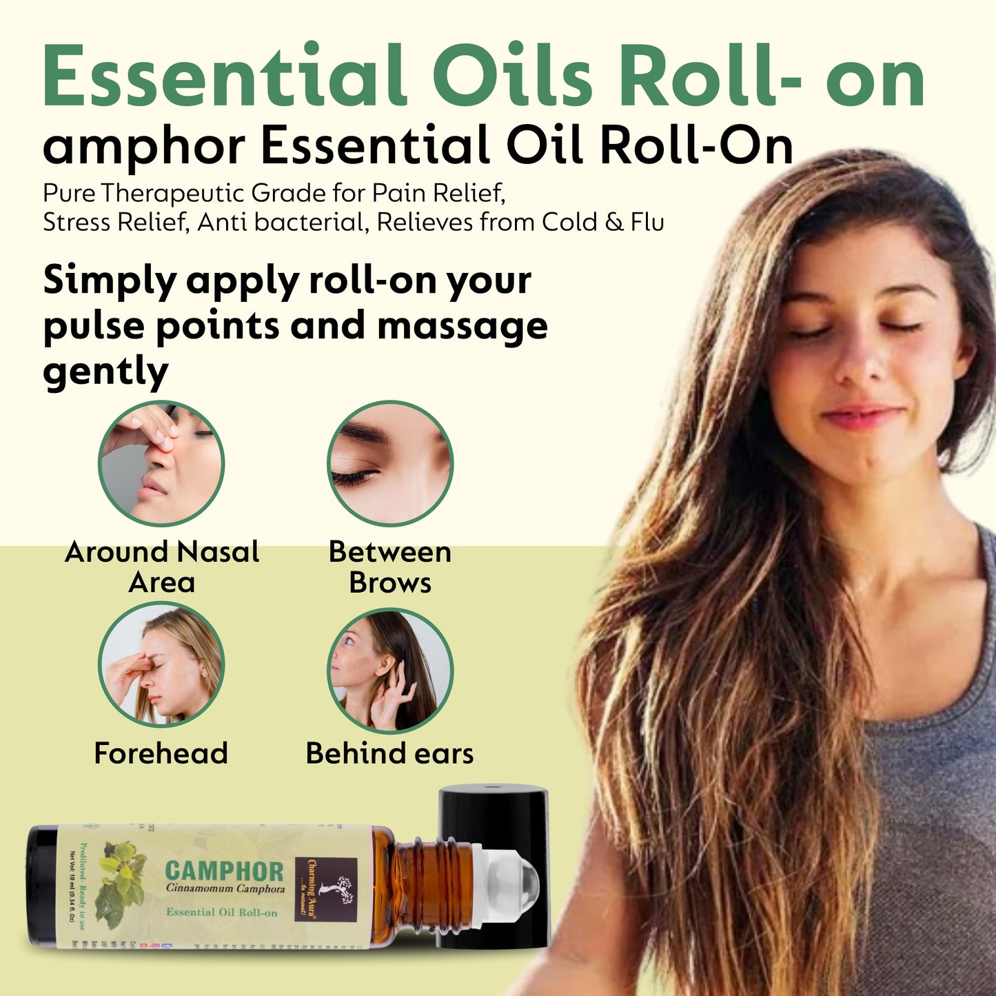 Huile essentielle de camphre | Roll-on | Prédiluée, prête à l'emploi | Pure et naturelle, de qualité thérapeutique | Soulagement de la douleur | Soulage le rhume et la grippe | Yoga | Rituels de puja | 10 ml |