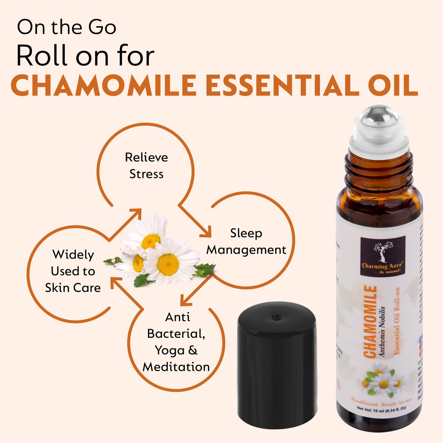 Huile essentielle de camomille | Roll-on | Prédiluée, prête à l'emploi | Soin de la peau, soulagement du stress, sommeil, méditation, concentration, problèmes respiratoires | 10 ml