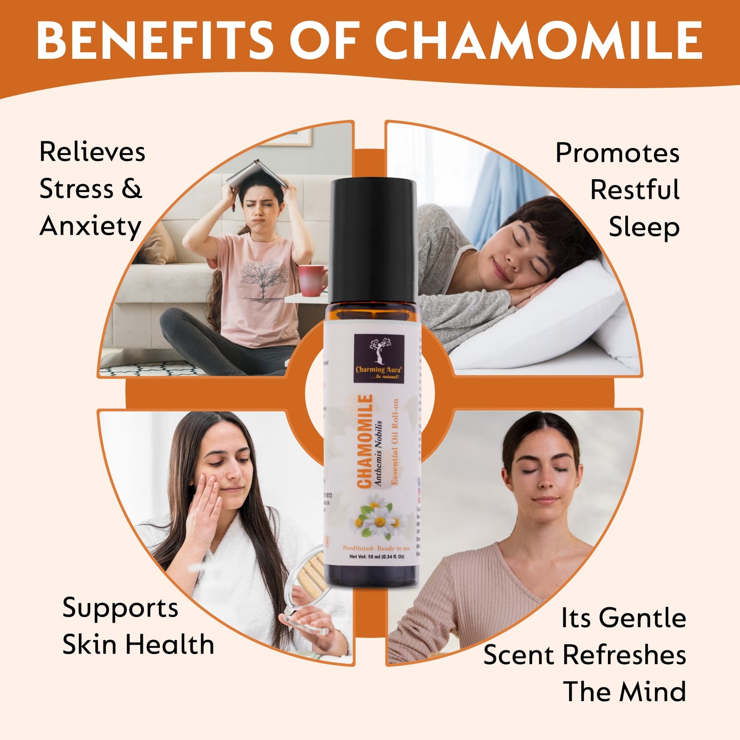 Huile essentielle de camomille | Roll-on | Prédiluée, prête à l'emploi | Soin de la peau, soulagement du stress, sommeil, méditation, concentration, problèmes respiratoires | 10 ml