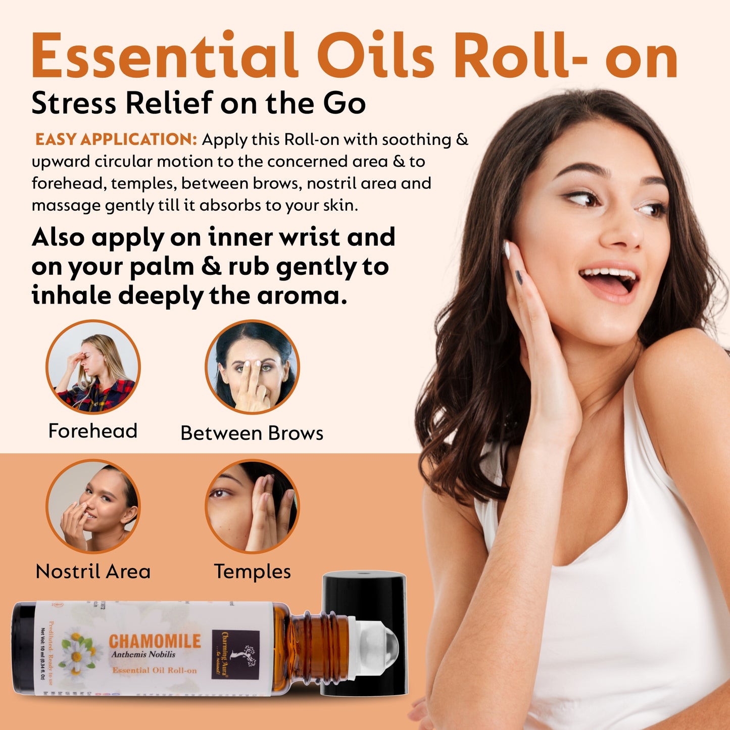 Huile essentielle de camomille | Roll-on | Prédiluée, prête à l'emploi | Soin de la peau, soulagement du stress, sommeil, méditation, concentration, problèmes respiratoires | 10 ml