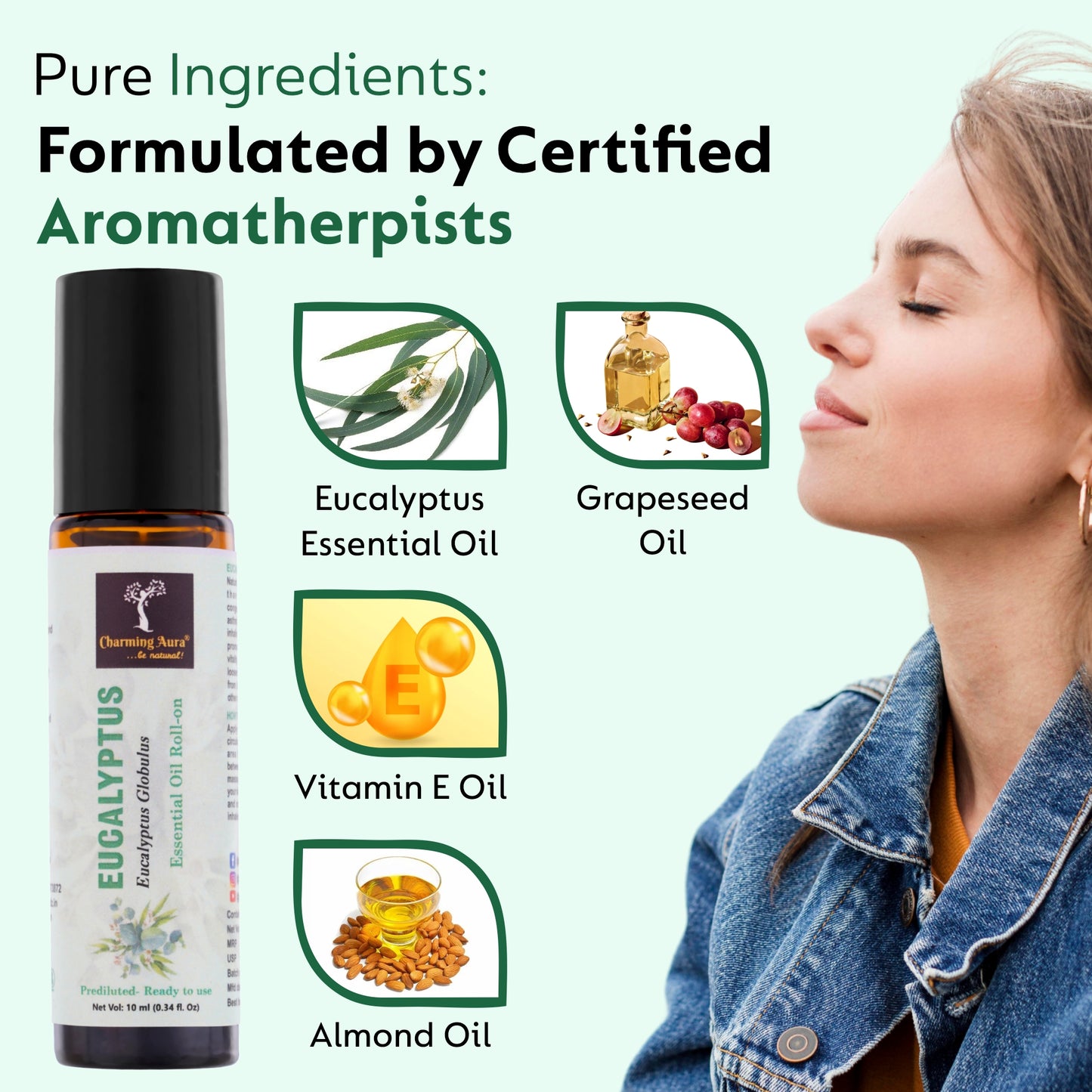 Huile essentielle d'eucalyptus | Roll-on | Prédiluée, prête à l'emploi | Pure et naturelle, de qualité thérapeutique | Soulagement de la douleur | Soulage le rhume et la grippe | 10 ml |