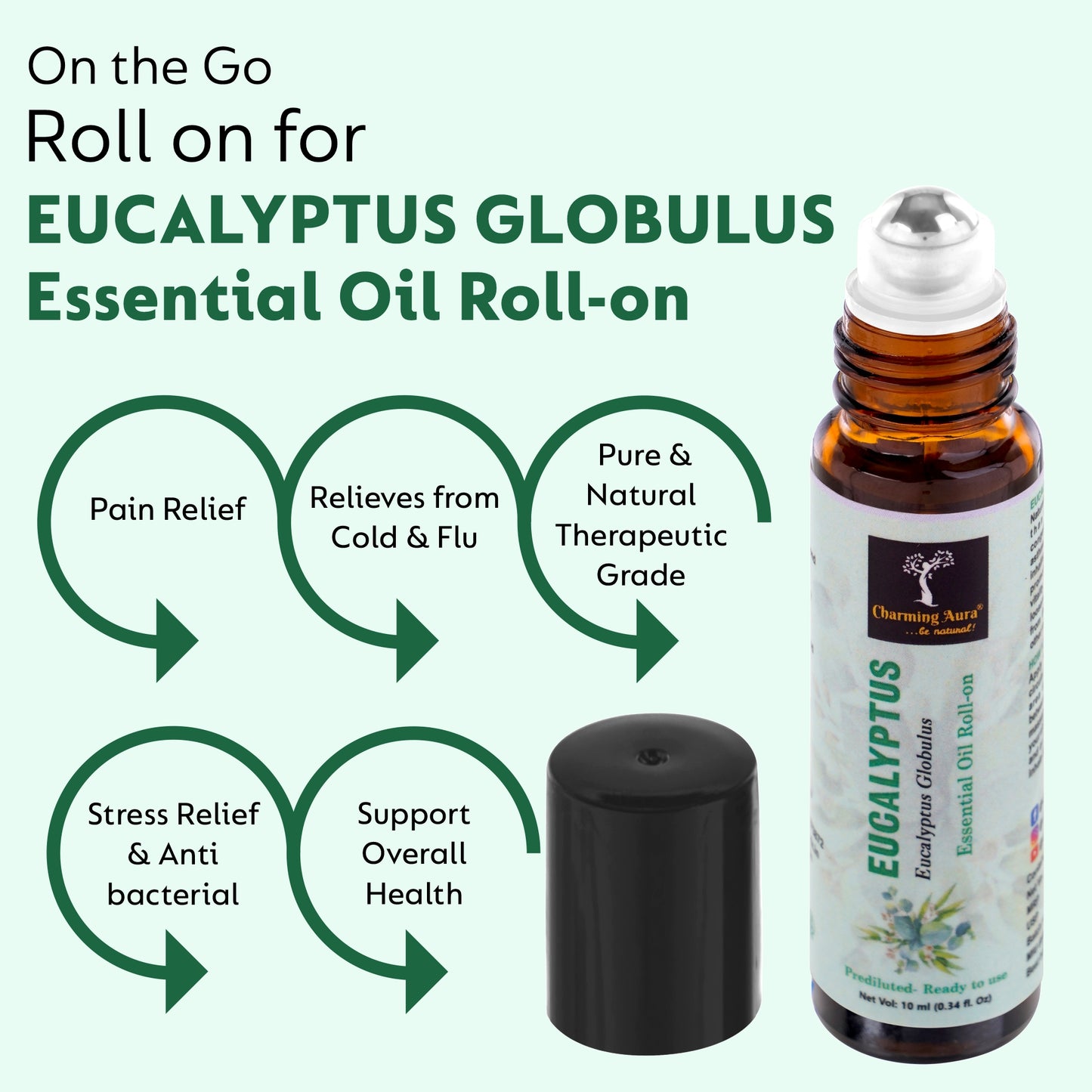 Huile essentielle d'eucalyptus | Roll-on | Prédiluée, prête à l'emploi | Pure et naturelle, de qualité thérapeutique | Soulagement de la douleur | Soulage le rhume et la grippe | 10 ml |