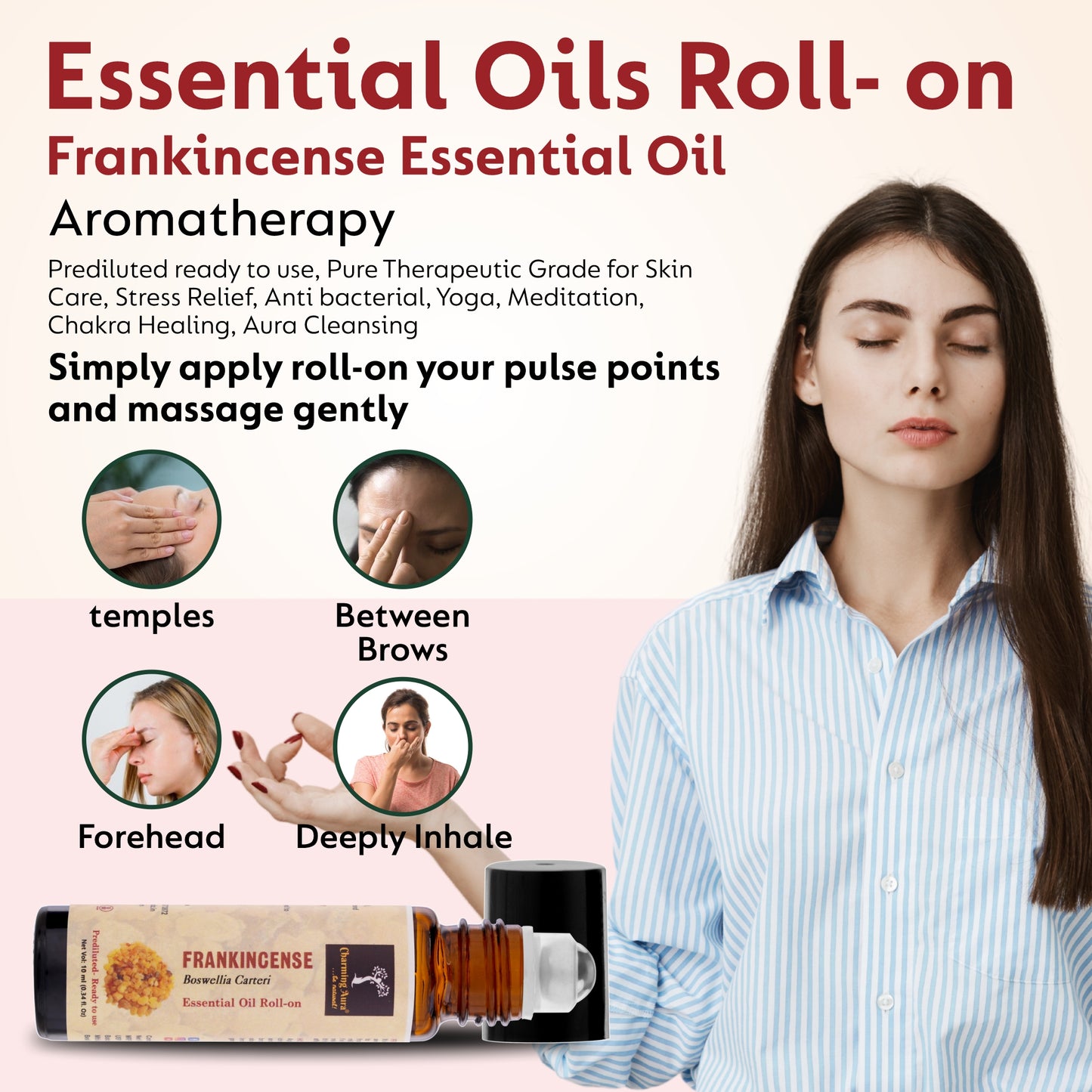 Huile essentielle d'encens | Roll-on | Prédiluée, prête à l'emploi | Pour soulager le stress, les soins de la peau, la méditation, le yoga, la guérison Reiki, l'équilibrage des chakras | 10 ml |