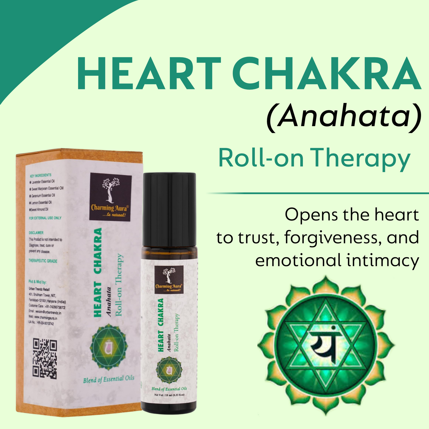 Huile thérapeutique roll-on pour le chakra du cœur (Anahata) (10 ml) - Mélange d'huiles essentielles pures et naturelles - Ouvrez-vous à l'amour et à la compassion