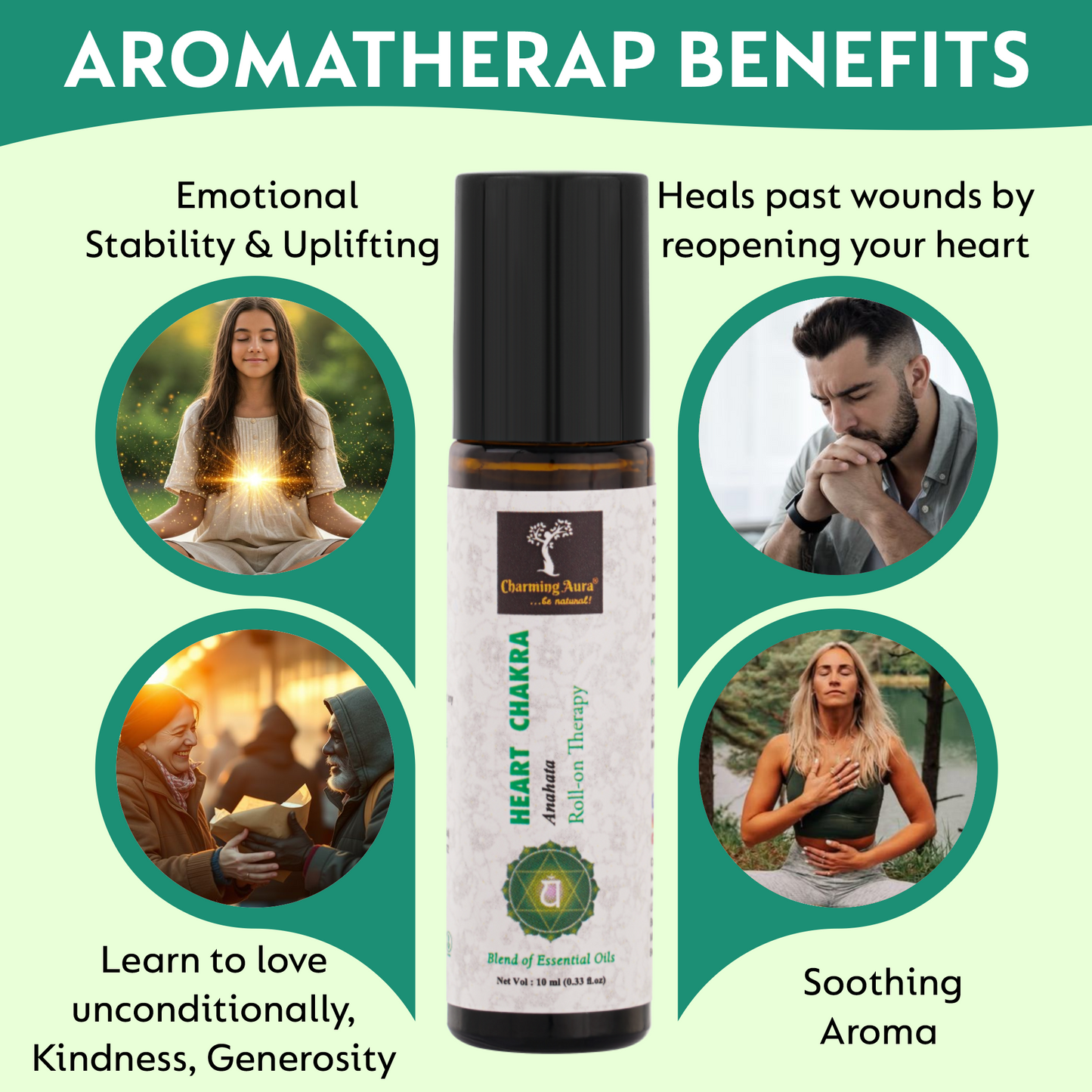Huile thérapeutique roll-on pour le chakra du cœur (Anahata) (10 ml) - Mélange d'huiles essentielles pures et naturelles - Ouvrez-vous à l'amour et à la compassion