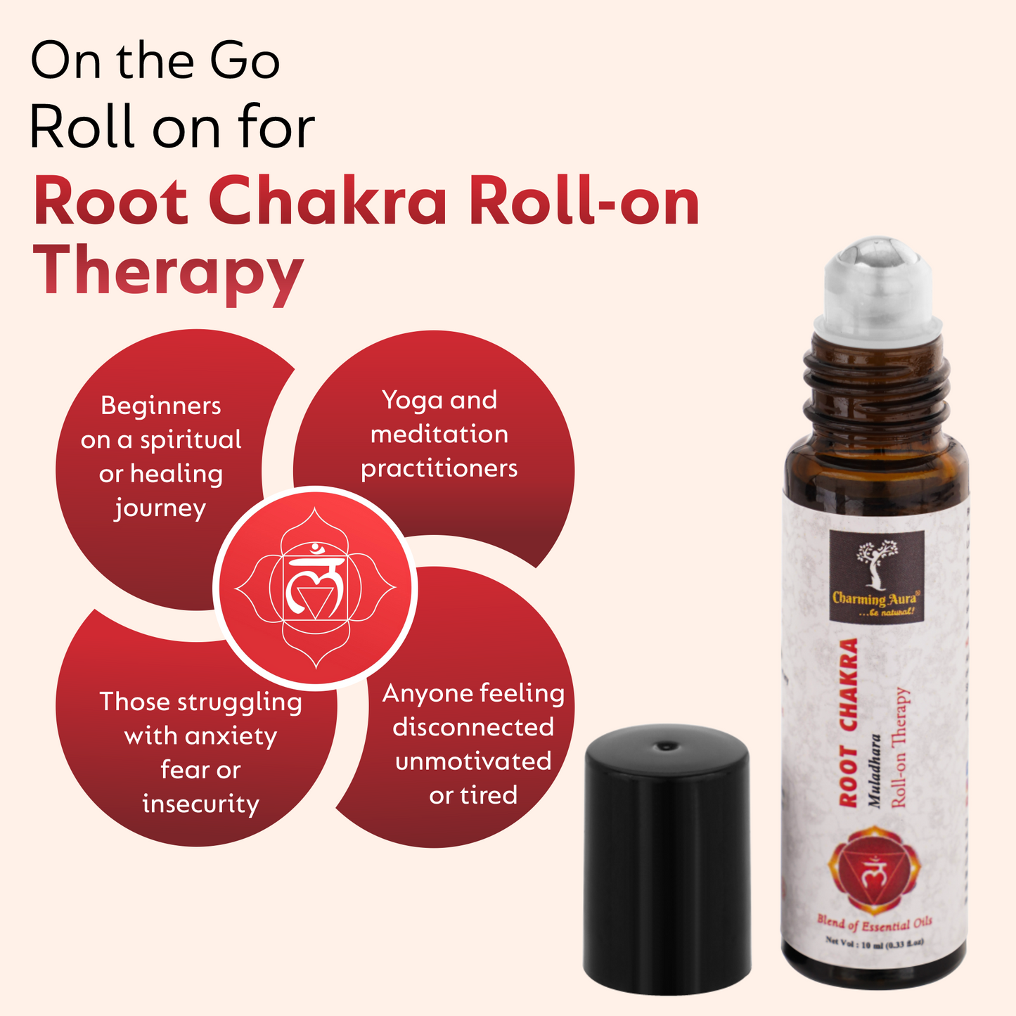 Huile thérapeutique roll-on pour le chakra racine (Muladhara) | 10 ml | Mélange d'huiles essentielles pures et naturelles | Sentez-vous ancré, en sécurité et en sûreté | Naturel et sûr |