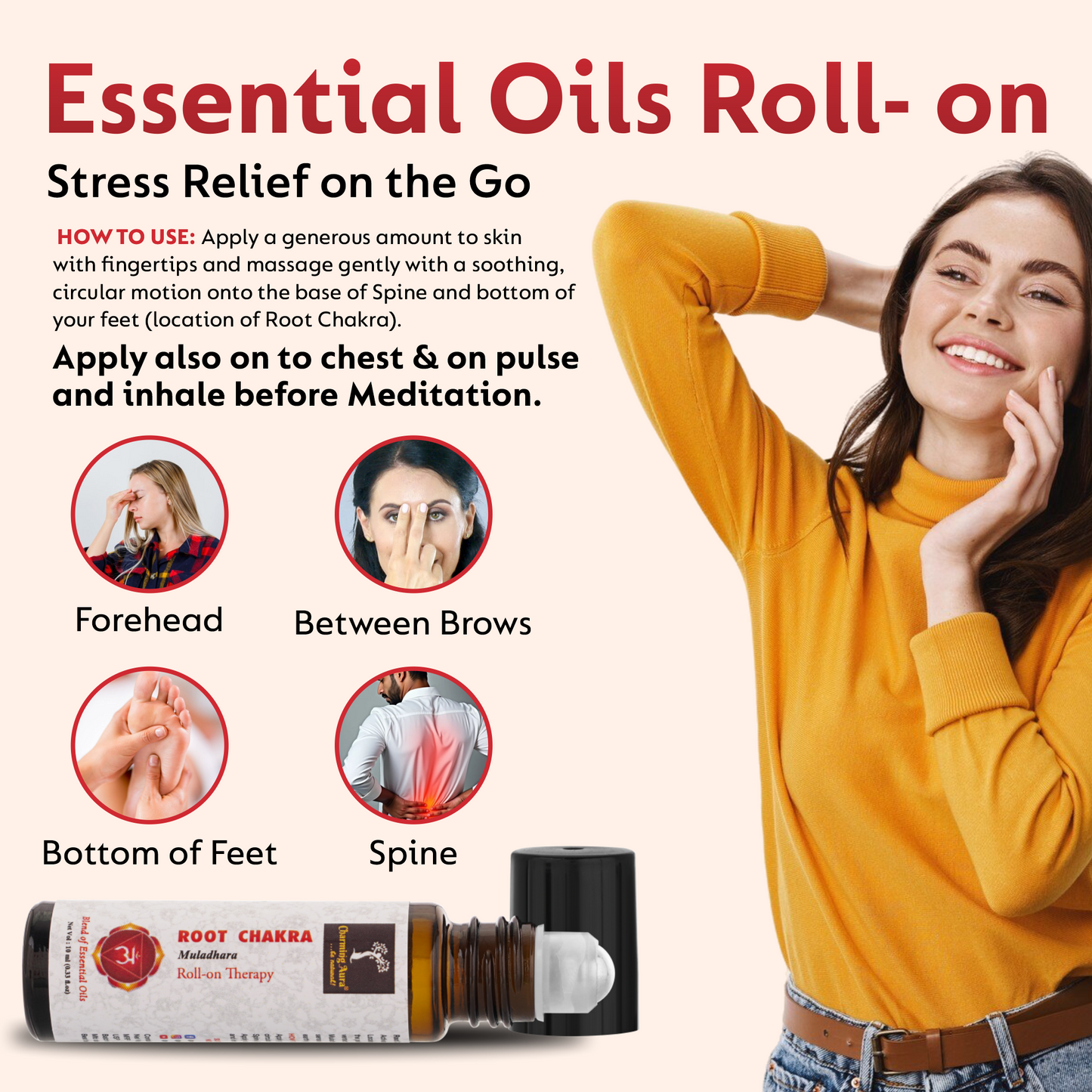 Huile thérapeutique roll-on pour le chakra racine (Muladhara) | 10 ml | Mélange d'huiles essentielles pures et naturelles | Sentez-vous ancré, en sécurité et en sûreté | Naturel et sûr |