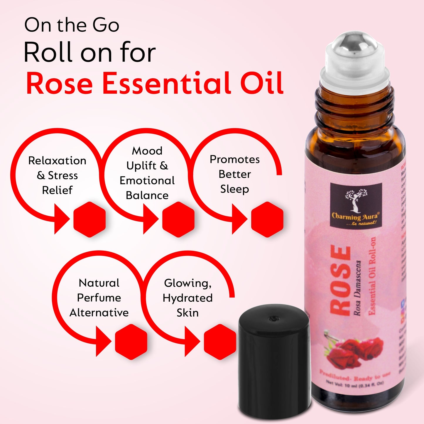 Huile essentielle de rose | Roll-on | Prédiluée, prête à l'emploi | Soulagement du stress, soins de la peau, méditation, yoga, guérison Reiki, rafraîchissement de l'humeur | 10 ml |