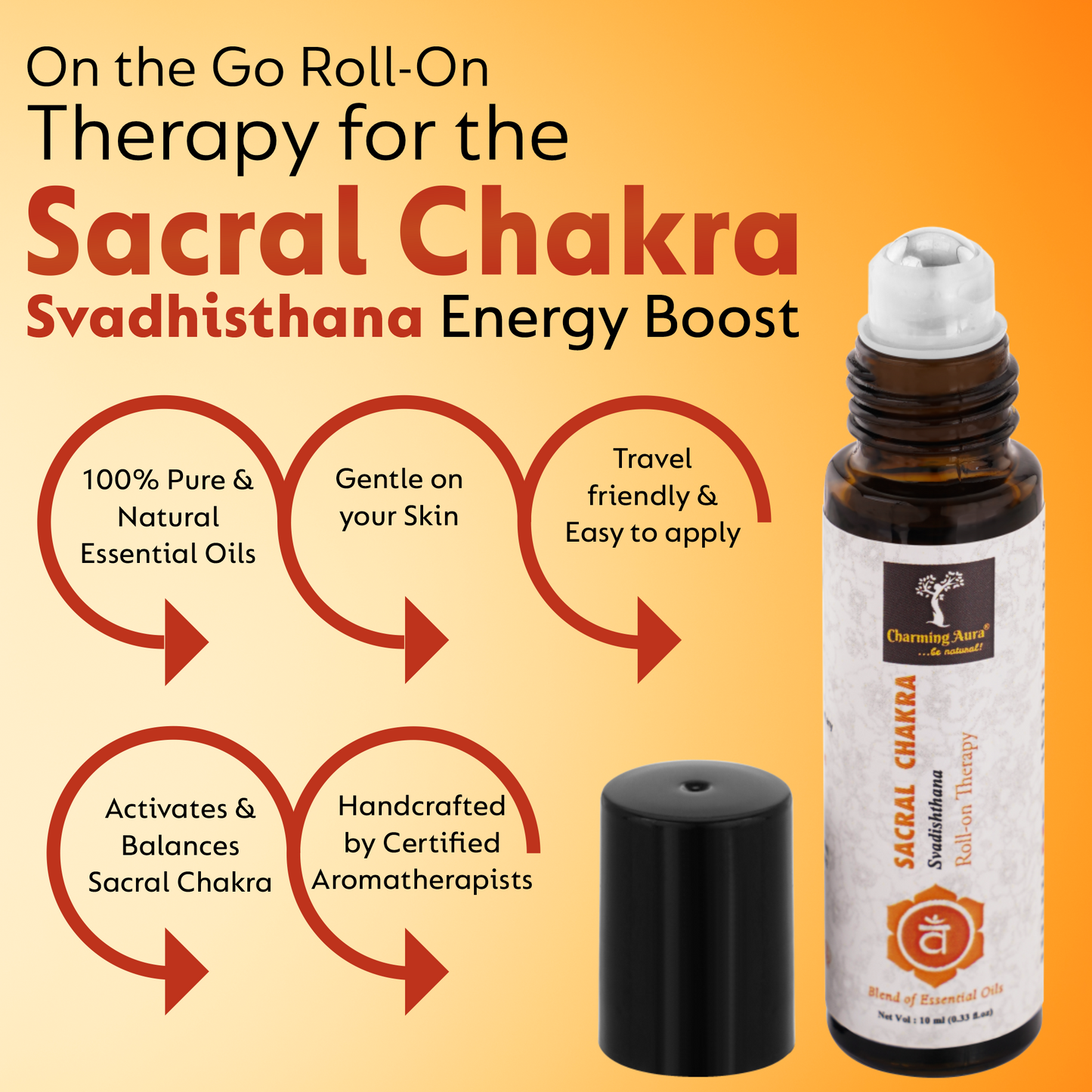 Huile thérapeutique roll-on pour le chakra sacré (Svadishthana) (10 ml) - Mélange d'huiles essentielles pures et naturelles - Laissez libre cours à votre créativité et à votre abondance