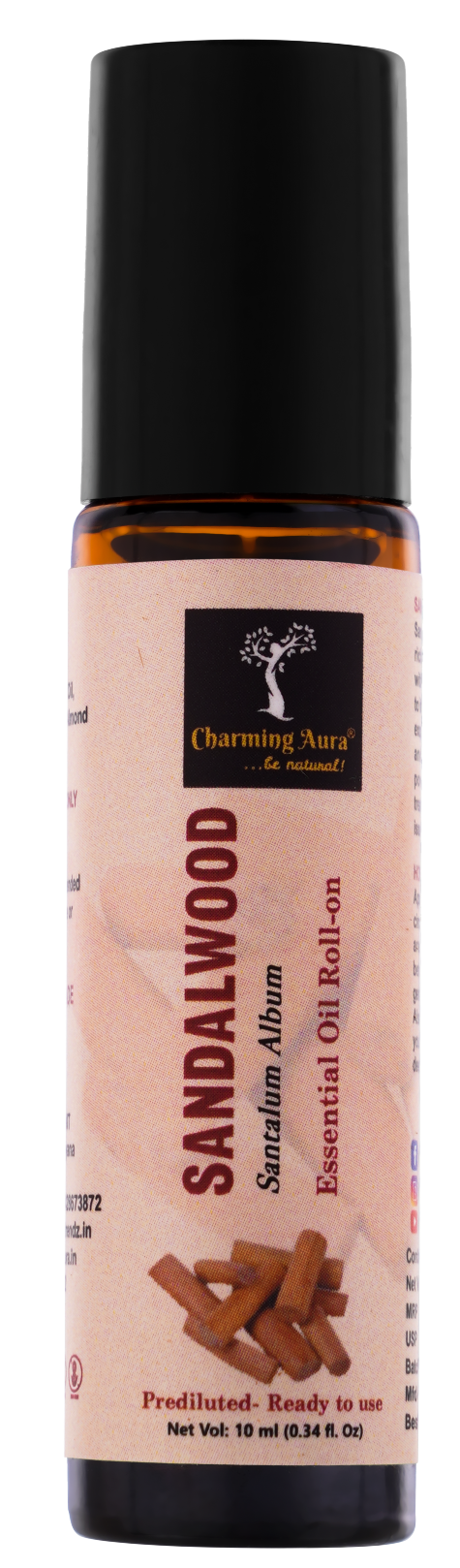 Huile essentielle de bois de santal | Roll-on | Pour les soins de la peau, le yoga, la méditation, le rafraîchissement, le Reiki et le soulagement du stress | 10 ml | Prédiluée - Prête à l'emploi |