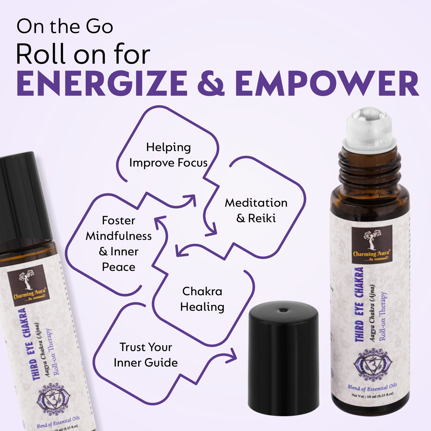 Huile thérapeutique roll-on pour le chakra du troisième œil (Aagya Chakra-Ajna) - Mélange d'huiles essentielles pures et naturelles, favorise la pleine conscience et l'intuition - 10 ml