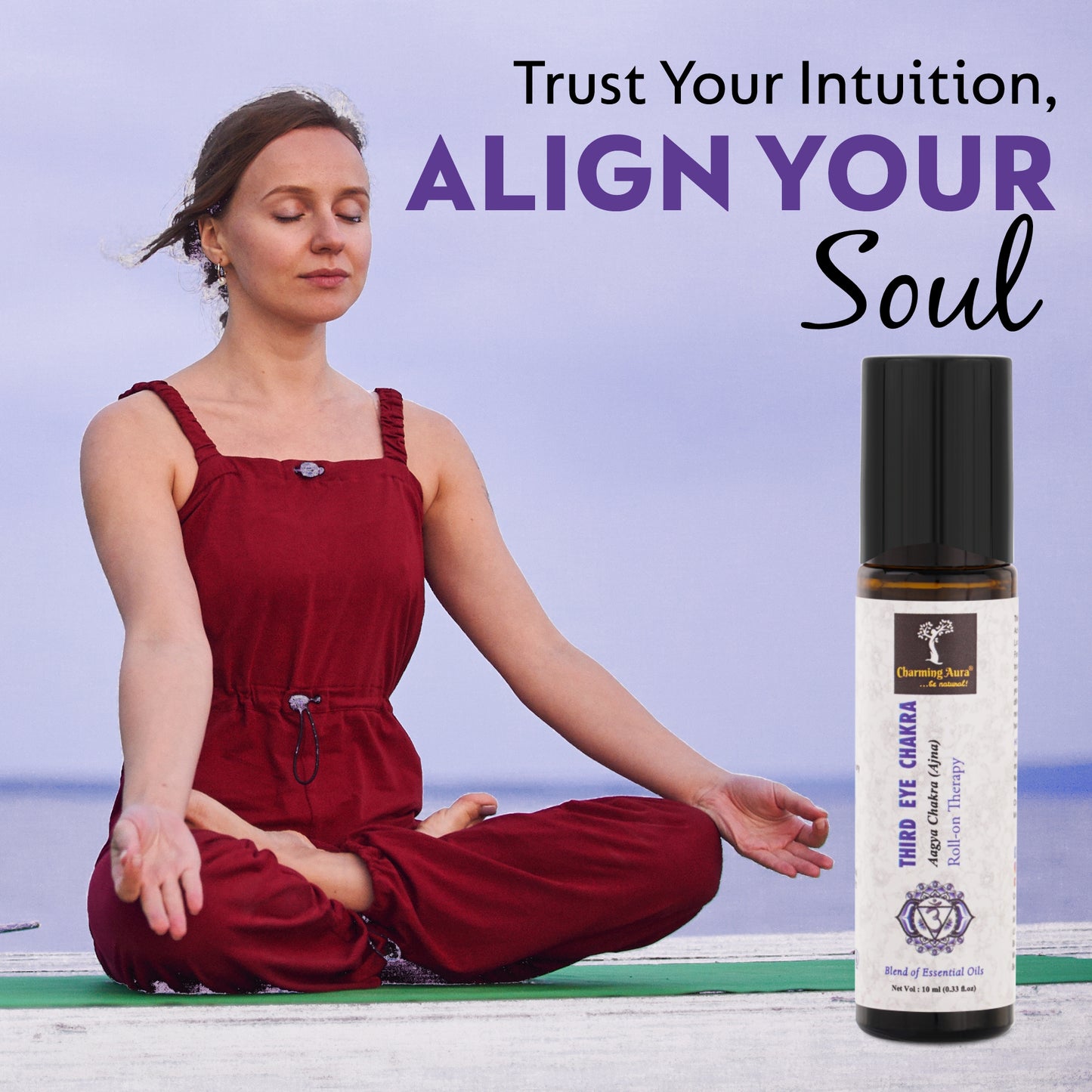 Huile thérapeutique roll-on pour le chakra du troisième œil (Aagya Chakra-Ajna) - Mélange d'huiles essentielles pures et naturelles, favorise la pleine conscience et l'intuition - 10 ml