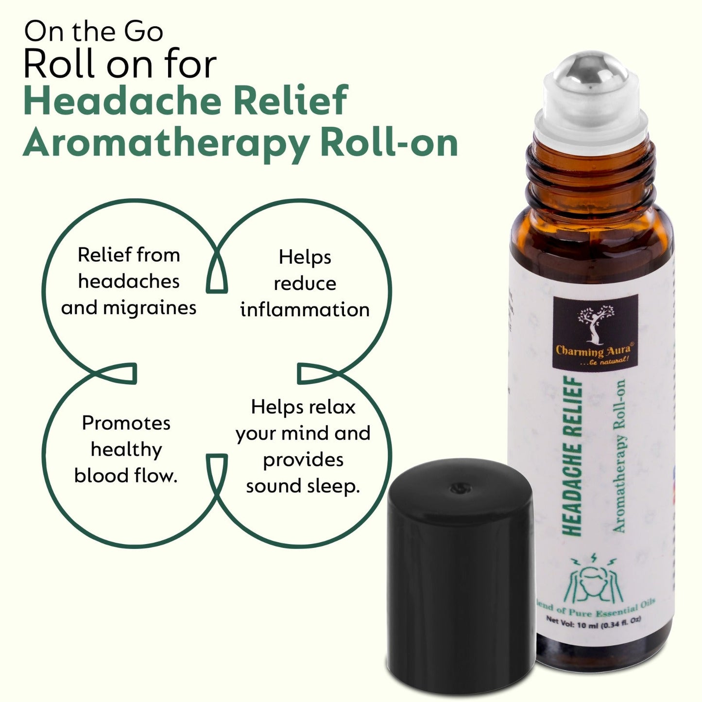 Aromatherapie-Roll-on zur Linderung von Kopfschmerzen | Natürliches Heilmittel gegen Kopfschmerzen und Migräne | Mischung aus reinen ätherischen Ölen | Eukalyptus, Pfefferminze, Ajwain | Einfach anzuwenden | Reisefreundlich |