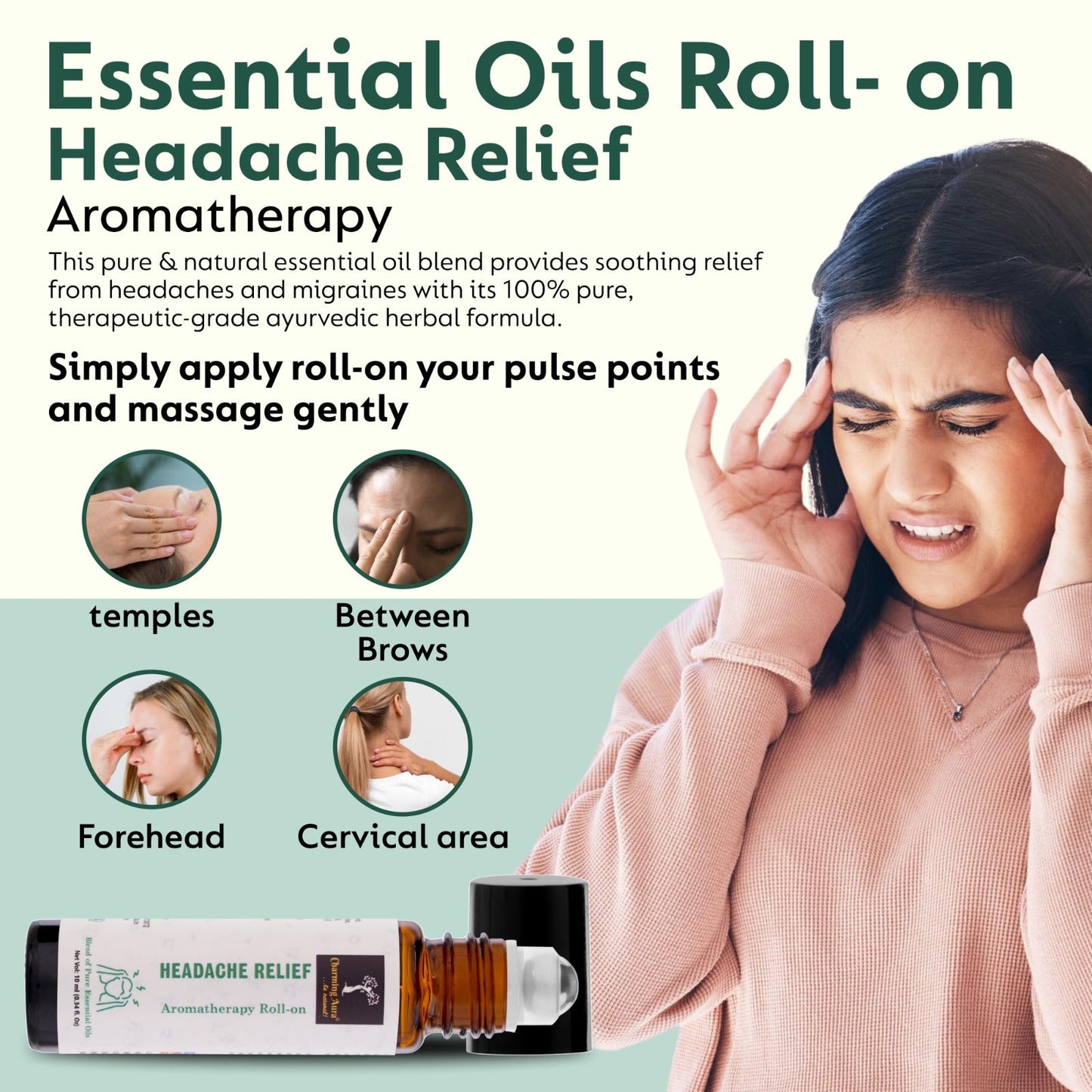 Aromatherapie-Roll-on zur Linderung von Kopfschmerzen | Natürliches Heilmittel gegen Kopfschmerzen und Migräne | Mischung aus reinen ätherischen Ölen | Eukalyptus, Pfefferminze, Ajwain | Einfach anzuwenden | Reisefreundlich |