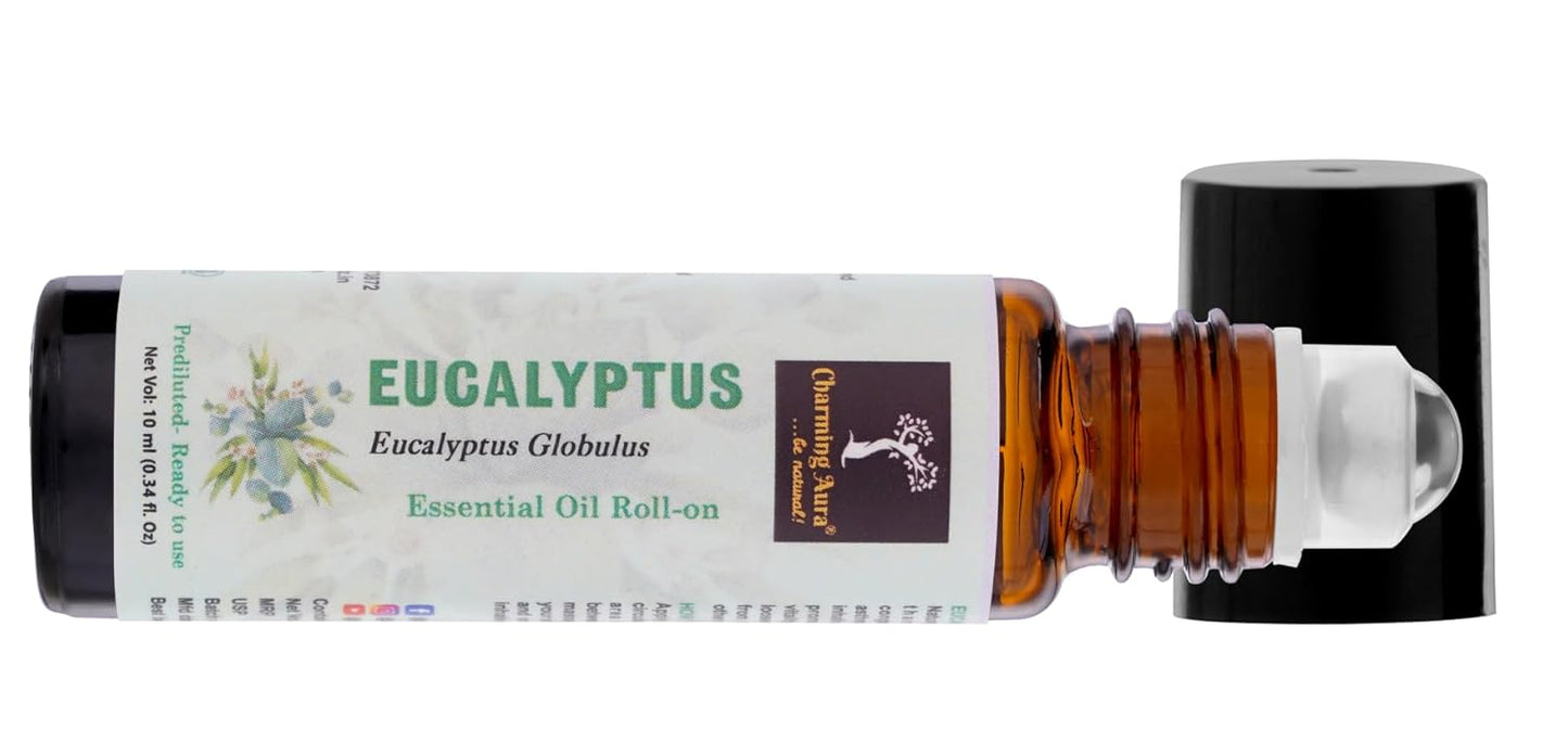 Huile essentielle d'eucalyptus | Roll-on | Prédiluée, prête à l'emploi | Pure et naturelle, de qualité thérapeutique | Soulagement de la douleur | Soulage le rhume et la grippe | 10 ml |