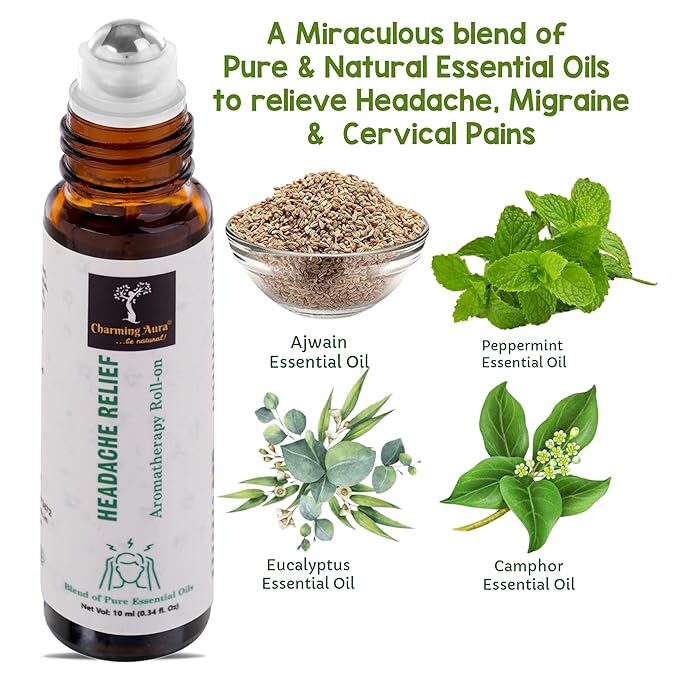 Aromatherapie-Roll-on zur Linderung von Kopfschmerzen | Natürliches Heilmittel gegen Kopfschmerzen und Migräne | Mischung aus reinen ätherischen Ölen | Eukalyptus, Pfefferminze, Ajwain | Einfach anzuwenden | Reisefreundlich |