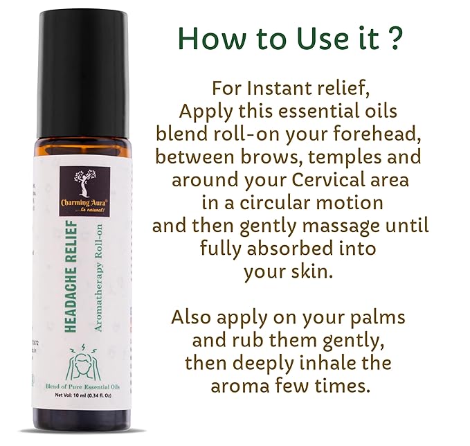 Aromatherapie-Roll-on zur Linderung von Kopfschmerzen | Natürliches Heilmittel gegen Kopfschmerzen und Migräne | Mischung aus reinen ätherischen Ölen | Eukalyptus, Pfefferminze, Ajwain | Einfach anzuwenden | Reisefreundlich |