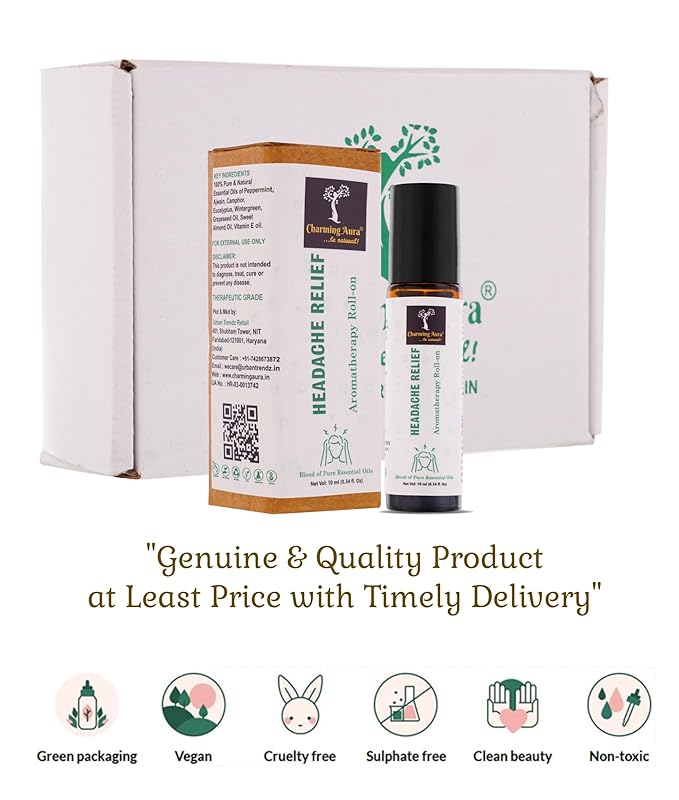 Aromatherapie-Roll-on zur Linderung von Kopfschmerzen | Natürliches Heilmittel gegen Kopfschmerzen und Migräne | Mischung aus reinen ätherischen Ölen | Eukalyptus, Pfefferminze, Ajwain | Einfach anzuwenden | Reisefreundlich |
