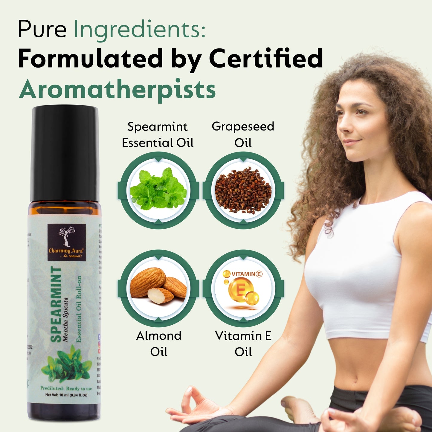 Huile essentielle de menthe verte | Roll-on | Prédiluée, prête à l'emploi | Soulagement du stress, soins de la peau, méditation, yoga, rafraîchissement de l'humeur, aide au sommeil | 10 ml