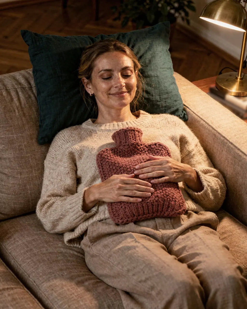 Frau ruht mit einer Wärmflasche auf dem Bauch auf dem Sofa