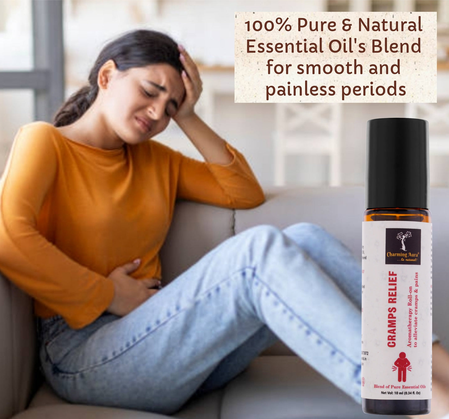 Cramps Relief Aromatherapy Roll-on for women | Blend of Pure & Natural Essential Oils | for Menstrual pain & Cramps relief | Eleviate Mood Swings | with richness of Clary Sage & Davana Oil - 10ml