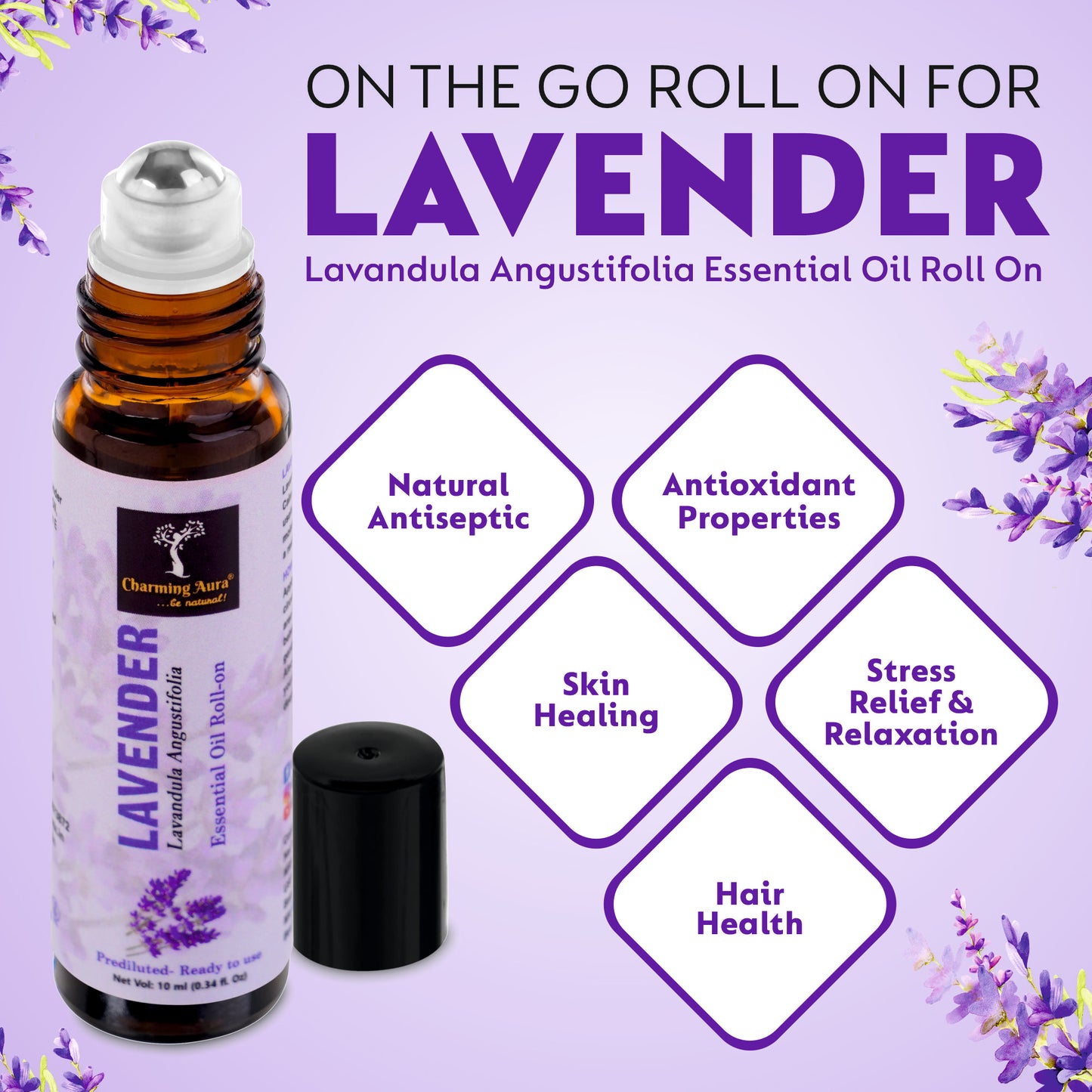 Huile essentielle de lavande | Roll-on | Prédiluée, prête à l'emploi | Soin de la peau | Combat les émotions négatives | Soulage le stress | Sommeil profond | 10 ml |