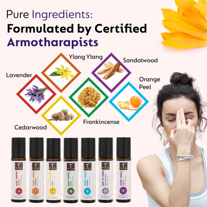 Coffret de 7 roll-ons d'aromathérapie pour la guérison et l'équilibrage des chakras - Mélange d'huiles essentielles pures et naturelles - Coffret cadeau pour la guérison des chakras, la méditation, le Reiki, le yoga et l'aromathérapie