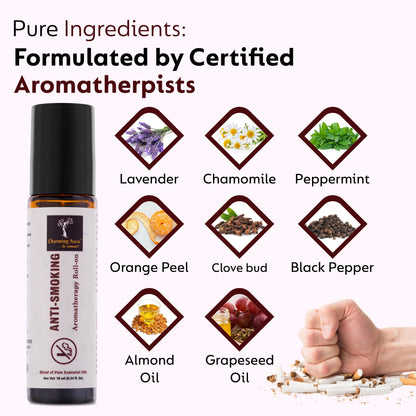 Anti Smoking Essential Oil Blend by Charming Aura | Cuts down the craving of smoking Cigarettes or Tobacco | Helps to quit smoking | 100% Pure & Natural Essential Oils | Roll-on | 10ml | Non-Drowsy Formula | Ayurvedic