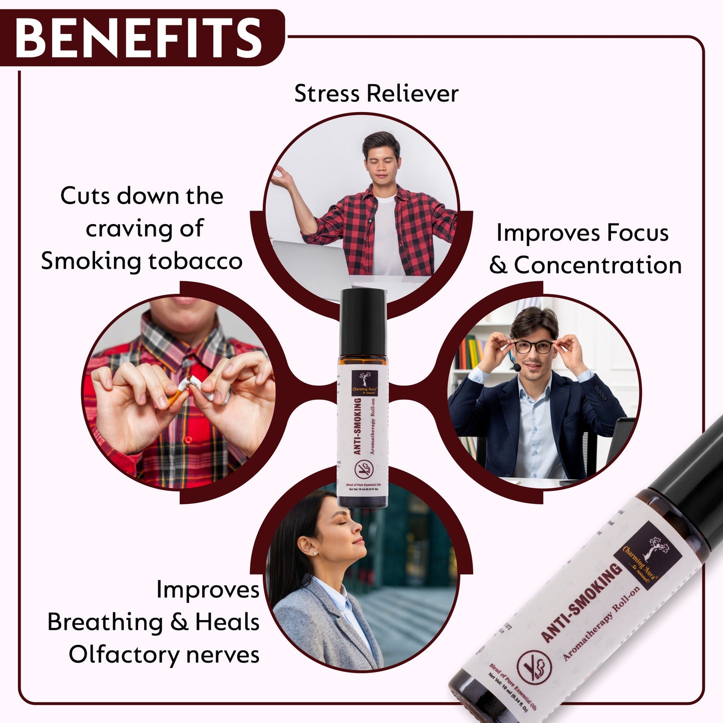 Anti Smoking Essential Oil Blend by Charming Aura | Cuts down the craving of smoking Cigarettes or Tobacco | Helps to quit smoking | 100% Pure & Natural Essential Oils | Roll-on | 10ml | Non-Drowsy Formula | Ayurvedic