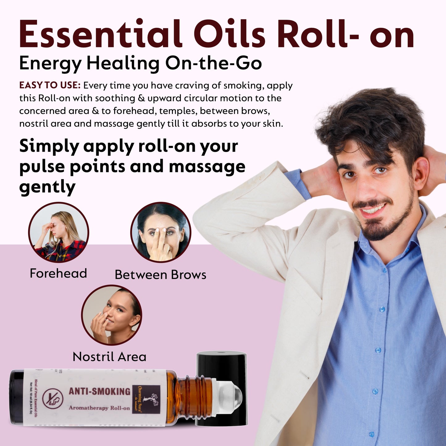 Anti Smoking Essential Oil Blend by Charming Aura | Cuts down the craving of smoking Cigarettes or Tobacco | Helps to quit smoking | 100% Pure & Natural Essential Oils | Roll-on | 10ml | Non-Drowsy Formula | Ayurvedic