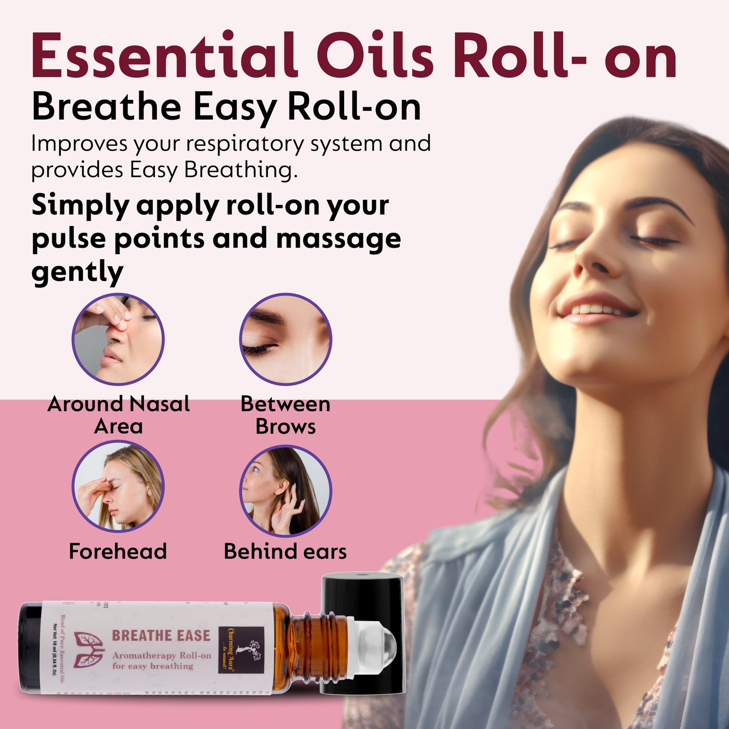 Roll-on Breathe Ease | Mélange d'huiles essentielles pures | Eucalyptus, menthe poivrée, cardamome | Soulagement des difficultés respiratoires