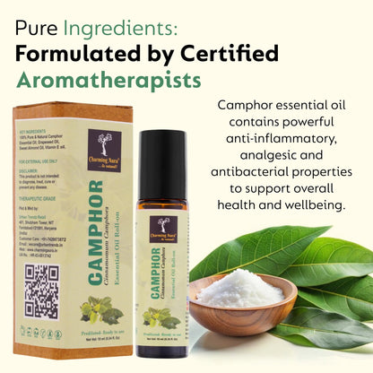 Huile essentielle de camphre | Roll-on | Prédiluée, prête à l'emploi | Pure et naturelle, de qualité thérapeutique | Soulagement de la douleur | Soulage le rhume et la grippe | Yoga | Rituels de puja | 10 ml |