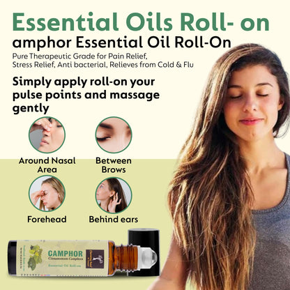 Huile essentielle de camphre | Roll-on | Prédiluée, prête à l'emploi | Pure et naturelle, de qualité thérapeutique | Soulagement de la douleur | Soulage le rhume et la grippe | Yoga | Rituels de puja | 10 ml |
