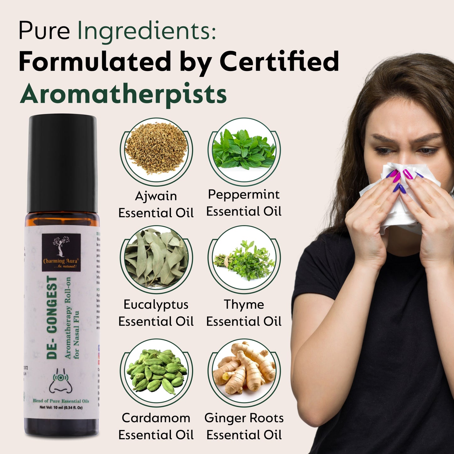 Roll-on d'aromathérapie décongestionnant | Mélange d'huiles essentielles pures et naturelles | Débouche le nez bouché | Soulage le rhume | Facile à utiliser | 10 ml