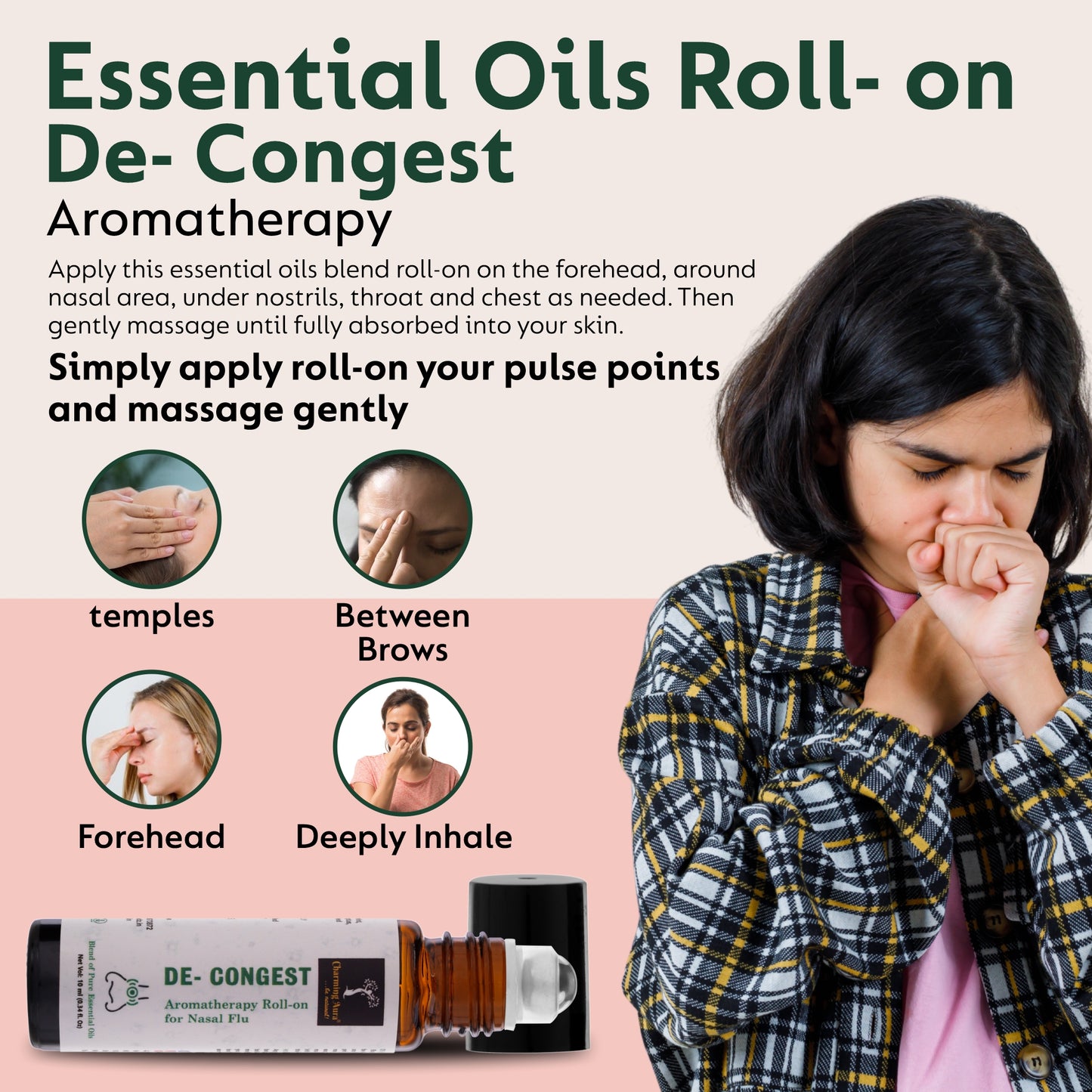 Roll-on d'aromathérapie décongestionnant | Mélange d'huiles essentielles pures et naturelles | Débouche le nez bouché | Soulage le rhume | Facile à utiliser | 10 ml