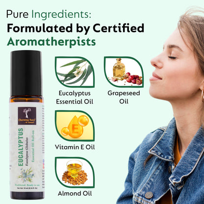 Huile essentielle d'eucalyptus | Roll-on | Prédiluée, prête à l'emploi | Pure et naturelle, de qualité thérapeutique | Soulagement de la douleur | Soulage le rhume et la grippe | 10 ml |
