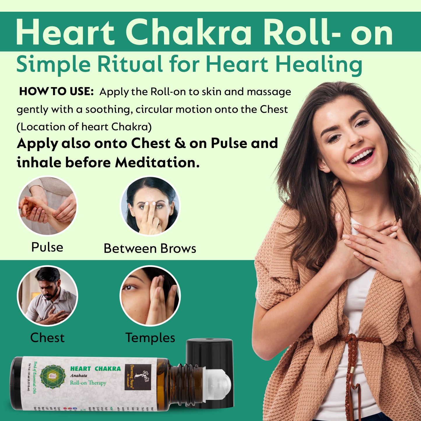 Huile thérapeutique roll-on pour le chakra du cœur (Anahata) (10 ml) - Mélange d'huiles essentielles pures et naturelles - Ouvrez-vous à l'amour et à la compassion