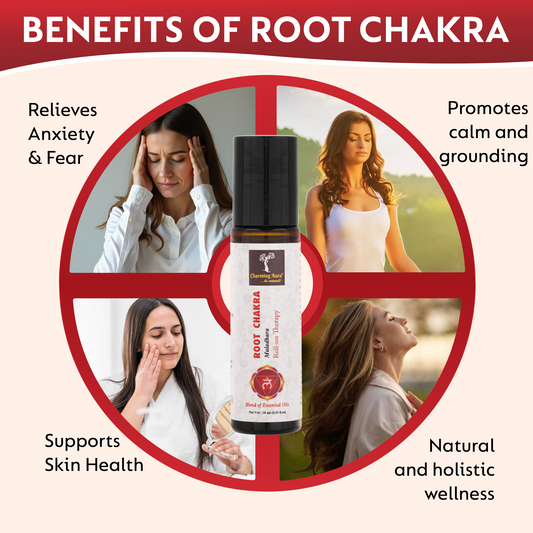 Huile thérapeutique roll-on pour le chakra racine (Muladhara) | 10 ml | Mélange d'huiles essentielles pures et naturelles | Sentez-vous ancré, en sécurité et en sûreté | Naturel et sûr |