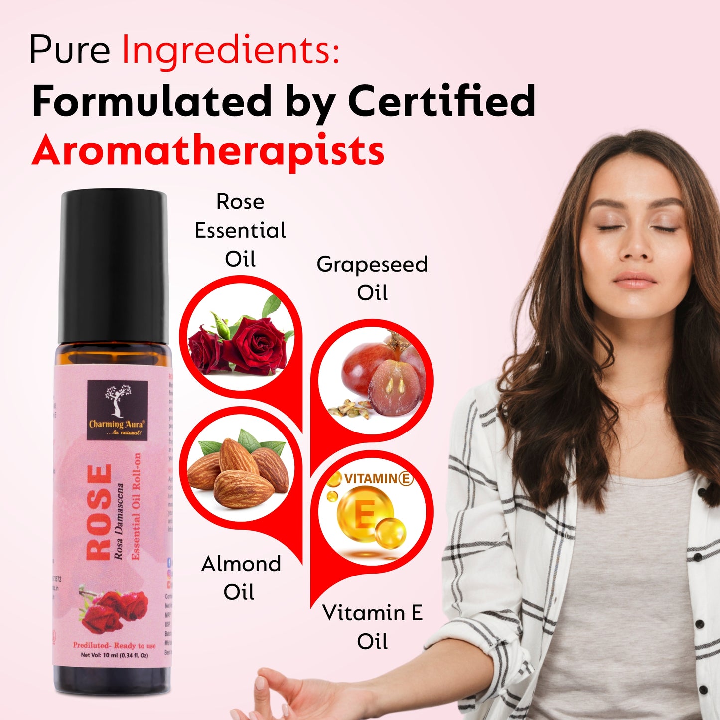 Huile essentielle de rose | Roll-on | Prédiluée, prête à l'emploi | Soulagement du stress, soins de la peau, méditation, yoga, guérison Reiki, rafraîchissement de l'humeur | 10 ml |