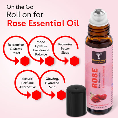 Huile essentielle de rose | Roll-on | Prédiluée, prête à l'emploi | Soulagement du stress, soins de la peau, méditation, yoga, guérison Reiki, rafraîchissement de l'humeur | 10 ml |