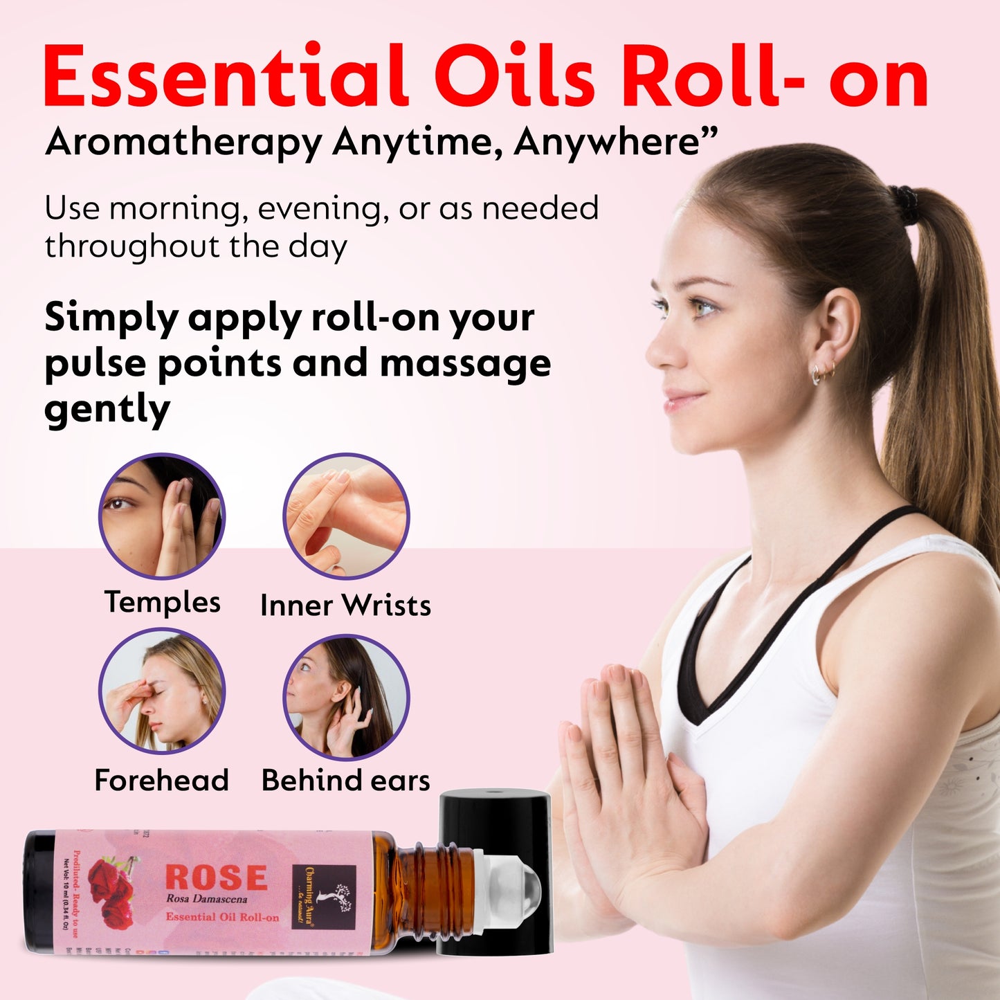 Huile essentielle de rose | Roll-on | Prédiluée, prête à l'emploi | Soulagement du stress, soins de la peau, méditation, yoga, guérison Reiki, rafraîchissement de l'humeur | 10 ml |
