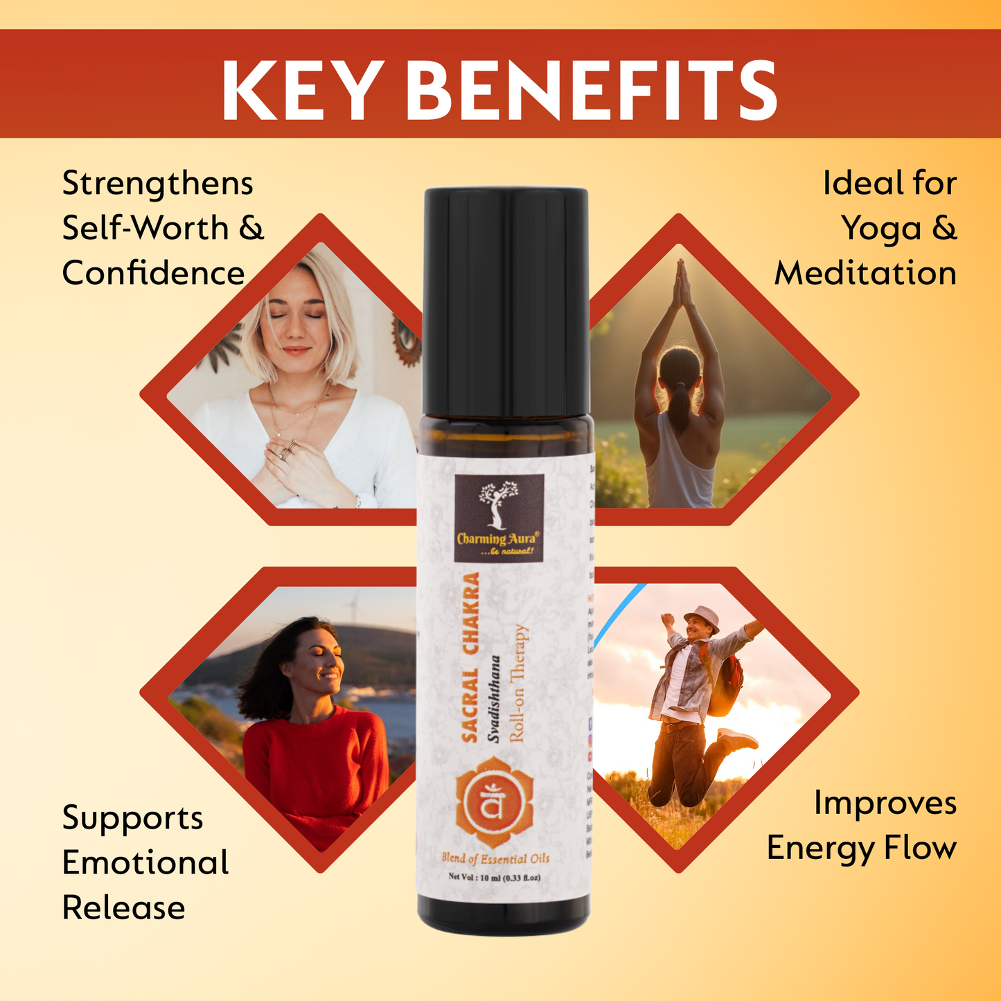 Huile thérapeutique roll-on pour le chakra sacré (Svadishthana) (10 ml) - Mélange d'huiles essentielles pures et naturelles - Laissez libre cours à votre créativité et à votre abondance