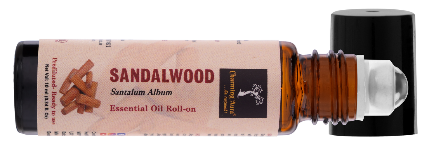 Sandalwood Essential Oil | Roll-on | for Skin Care, Yoga, Meditation, Refreshment, Reiki, Stress relief | 10ml | Prediluted- Ready to use |