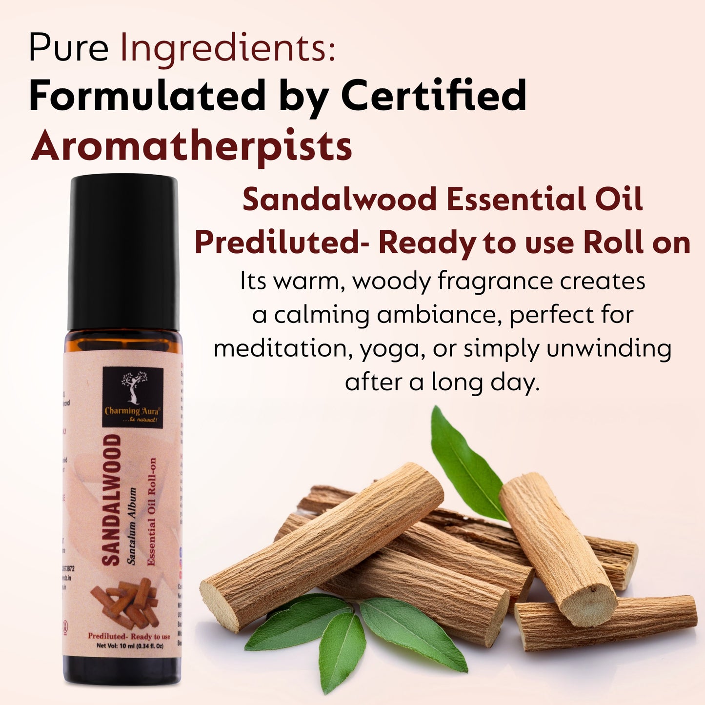 Huile essentielle de bois de santal | Roll-on | Pour les soins de la peau, le yoga, la méditation, le rafraîchissement, le Reiki et le soulagement du stress | 10 ml | Prédiluée - Prête à l'emploi |